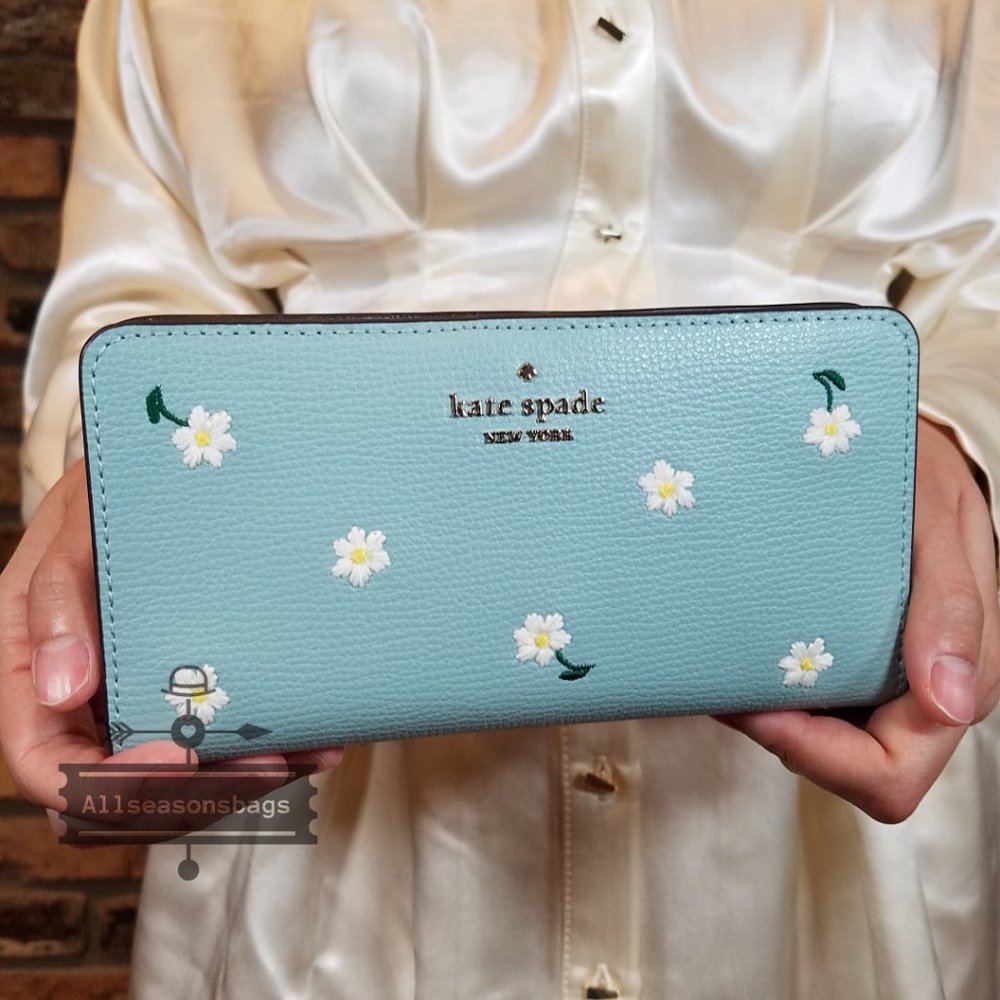 Kate Spade Darcy Daisy Embroidered Leather Bifold Wallet Aphrodite Green Floral